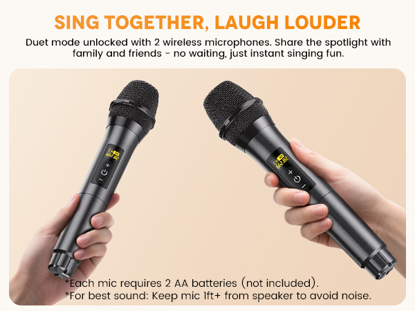 Equipped with two Bluetooth wireless microphones for instant connection and singing.