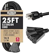 Cablectric 3 Outlet Black Extension Cord 25 ft, 16/3 SJTW Weatherproof Outdoor Extension Cord wit...