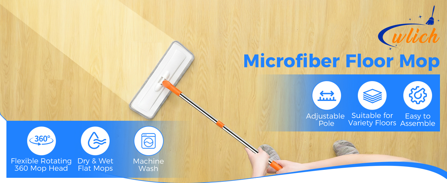 Text reads 'Microfiber Floor Mop' with product name and six feature icons. Image shows mop head attachment with white microfiber material on wooden floor surface.