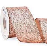 Ribbli Rose Gold Glitter Wired Ribbon,Rose Gold Ribbon with Metallic Edge,Christmas Ribbon for Wr...