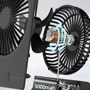 Portable dual-fan device with black housing, showing 5000mAh battery capacity indicator and adjustable fan blades.