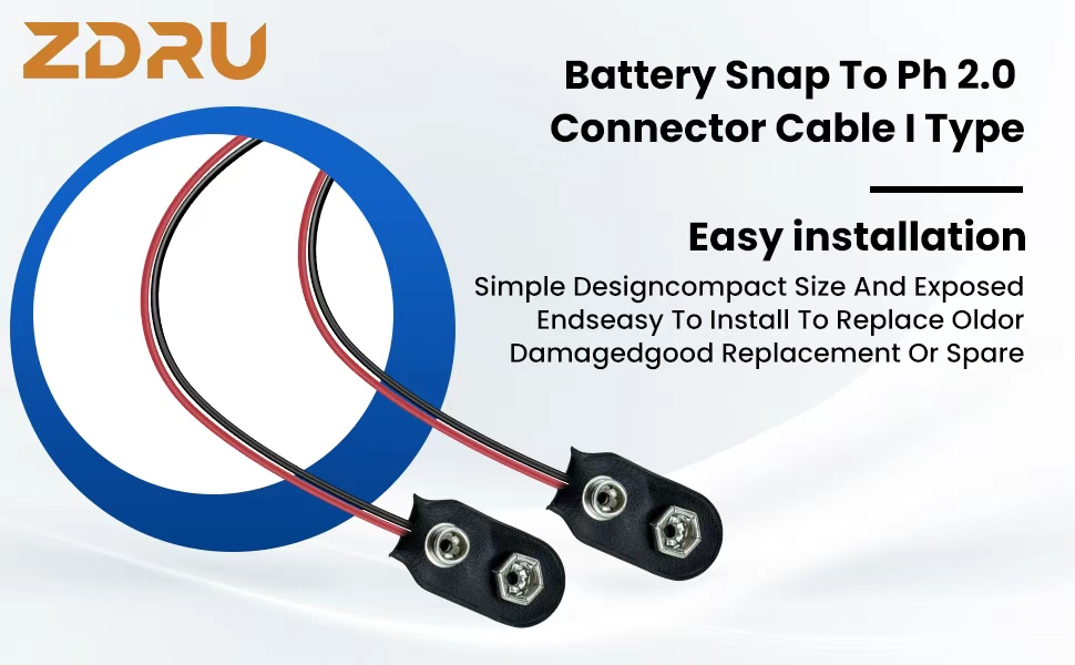 9V Battery Snap to 2-Pin PH2.0 Connector Cable I Type Battery Clip Lead Wire