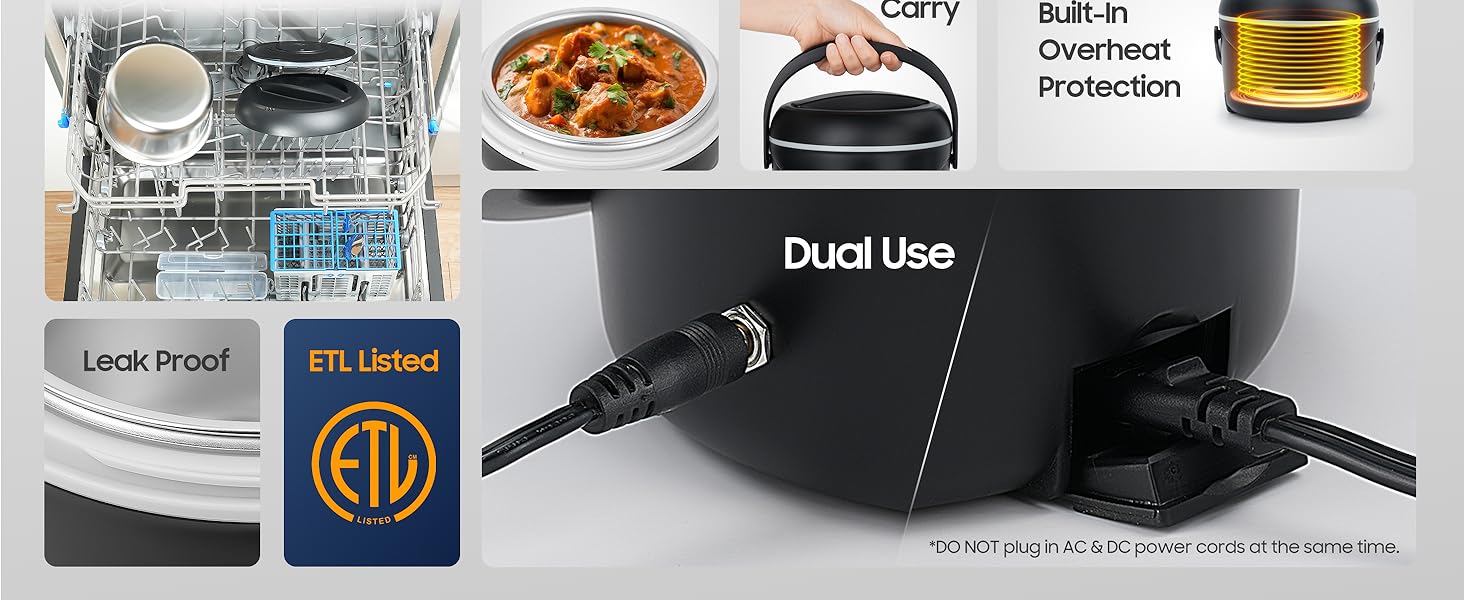 Electric lunch box showing dual power ports, ETL certification, and dishwasher-safe parts