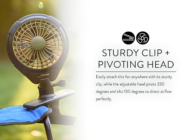 Treva 5 Inch Clip Fan USB Olive Clipped in On Blue Camping Chair Outside
