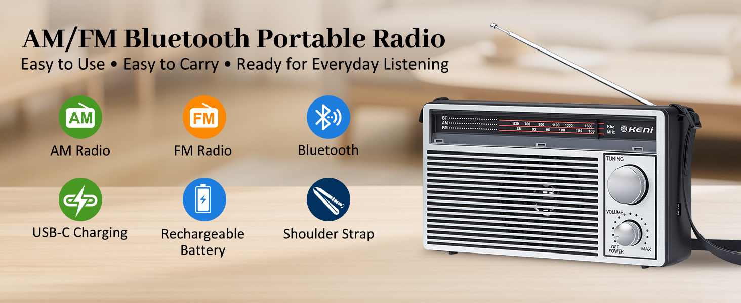 G Keni Portable AM/FM Radio Portable with Bluetooth