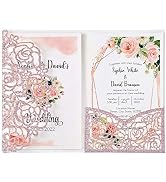 DreamBuilt 4.7 x7 inch 50PCS Blank Rose Gold Glitter Wedding Invitations Kit Laser Cut Hollow Ros...