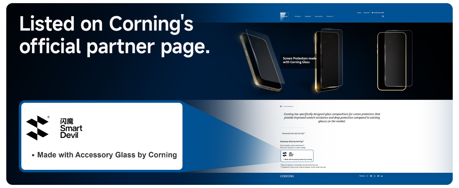 Text reads "Listed on Corning's official partner page." Blue banner displaying product information with brand logos and partnership details.