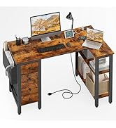 Lufeiya L Shaped Desk with Drawers &amp; Storage Shelves, 47 Inch Corner Computer Desk with Power Out...