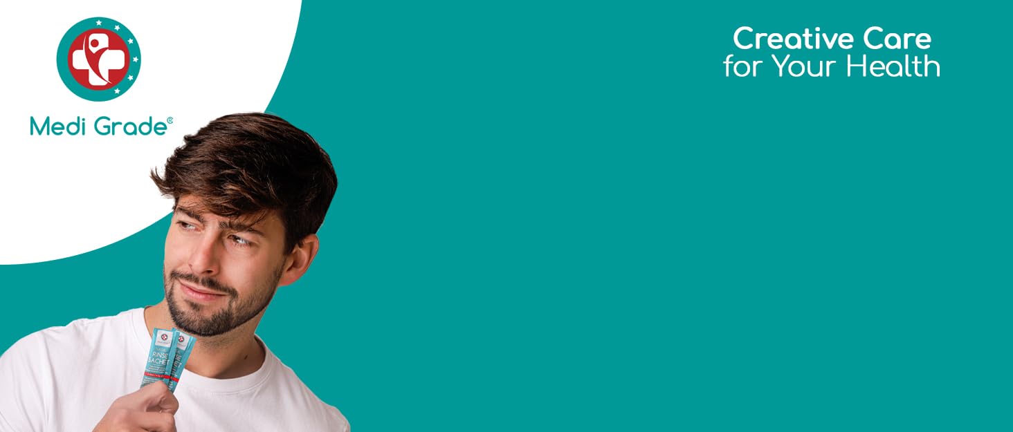 Medical product advertisement with Medi Grade logo and 'Creative Care for Your Health' tagline on turquoise background.