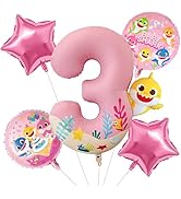 PartyWoo Baby Shark Pink Foil Number 3 Balloon 5pcs 40 18 Inch Pink Round Star Mylar Helium Birth...