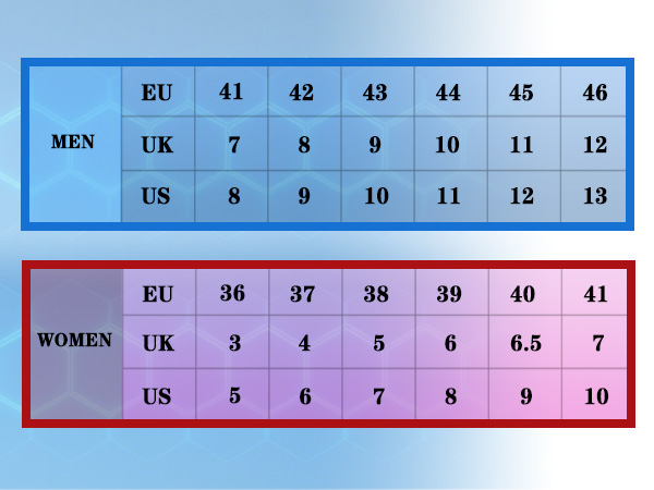 Size chart showing shoe measurements with columns for EU, UK, and US sizes. Chart includes both men's and women's size conversions highlighted in blue and pink.
