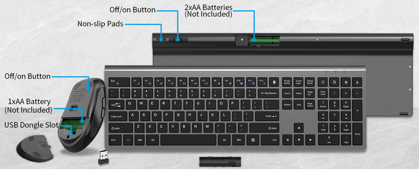 Wireless keyboard and mouse require three AA batteries, not included