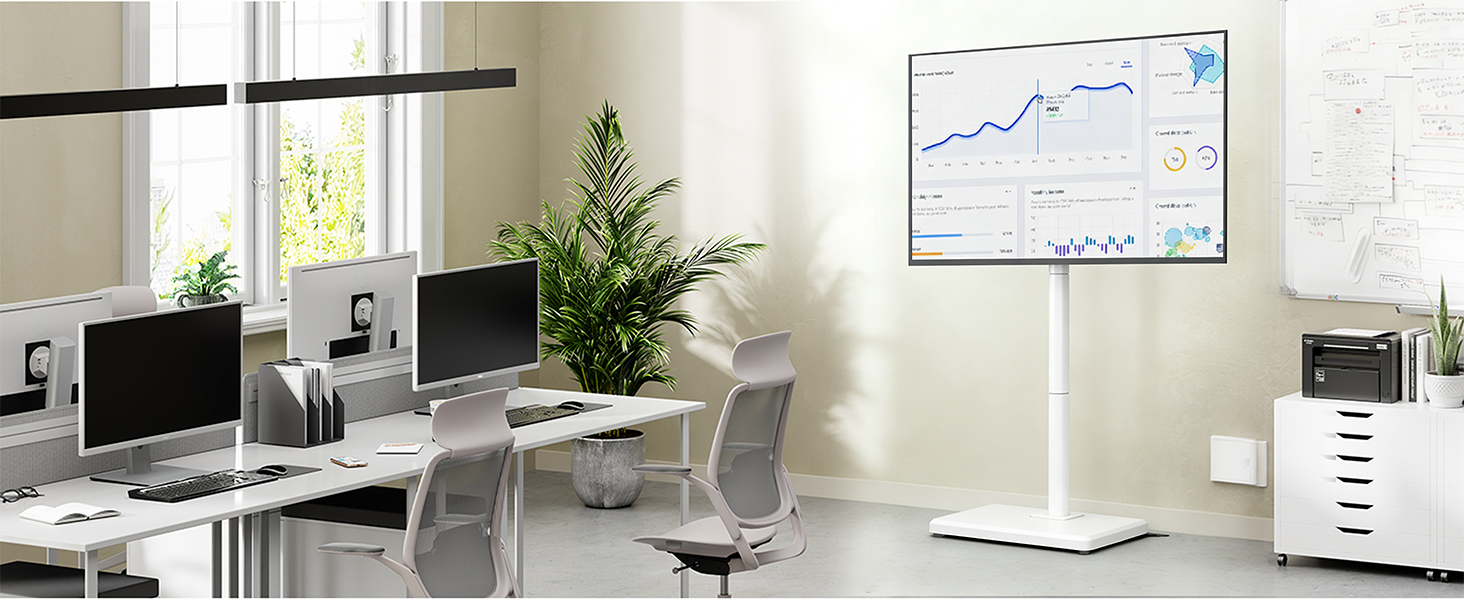 Series of modern home office workspace images showing white desks, monitors, office chairs, and productivity setups in clean, well-lit environments.
