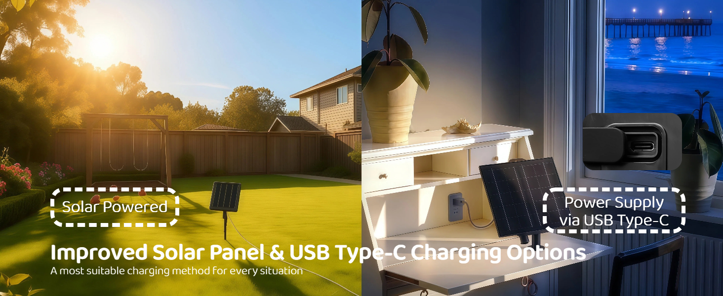 Text reads 'Improved Solar Panel &amp; USB Type-C Charging Port.' Solar-powered device with charging capabilities shown in multiple lighting conditions.