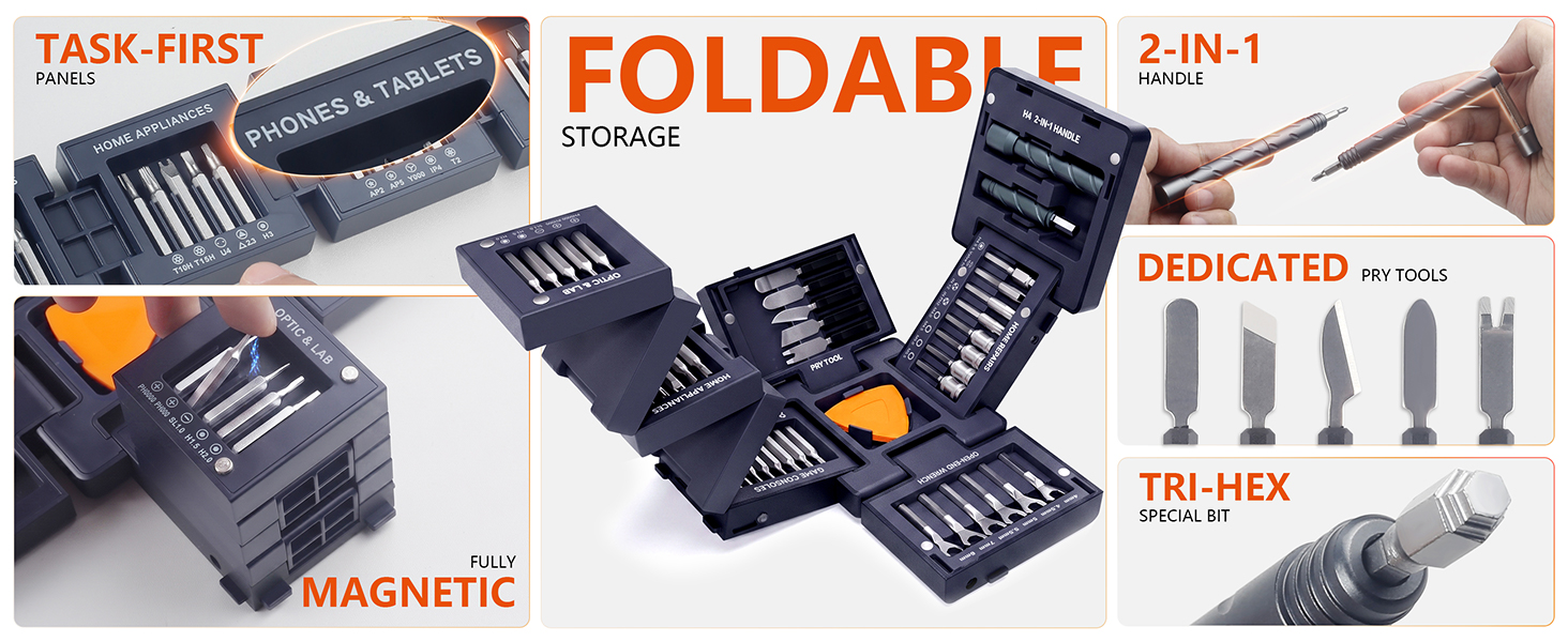 Foldable magnetic tool cube with task-first panels, 2-in-1 handle, bits and pry tools