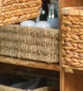 Large Wicker Basket Rectangular with Wooden Handles for Shelves, Water Hyacinth Basket Storage, N...