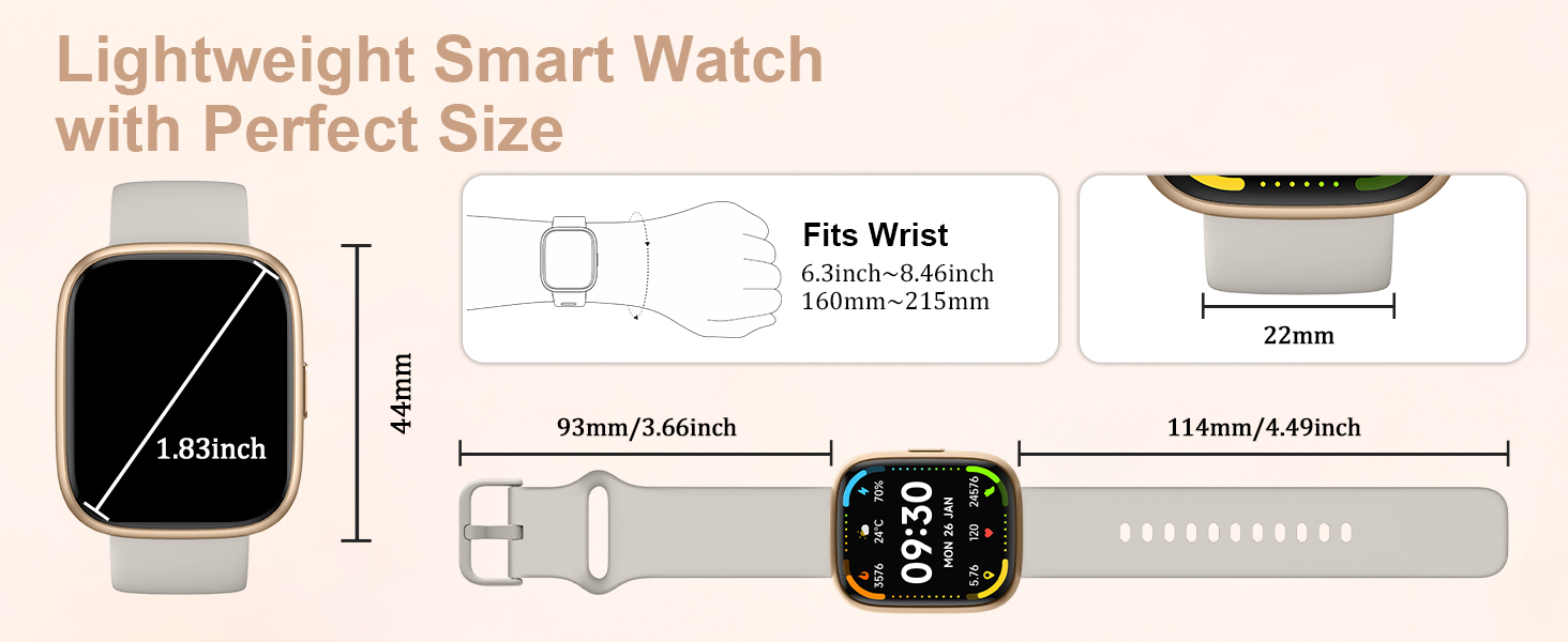 Text reads 'Lightweight Smart Watch' and 'with Perfect Size'. Digital smartwatch with rectangular display shown with sizing specifications, white silicone band, and dimensional measurements displayed.