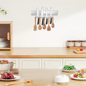 Silver 12 inch magnetic knife holder with hooks