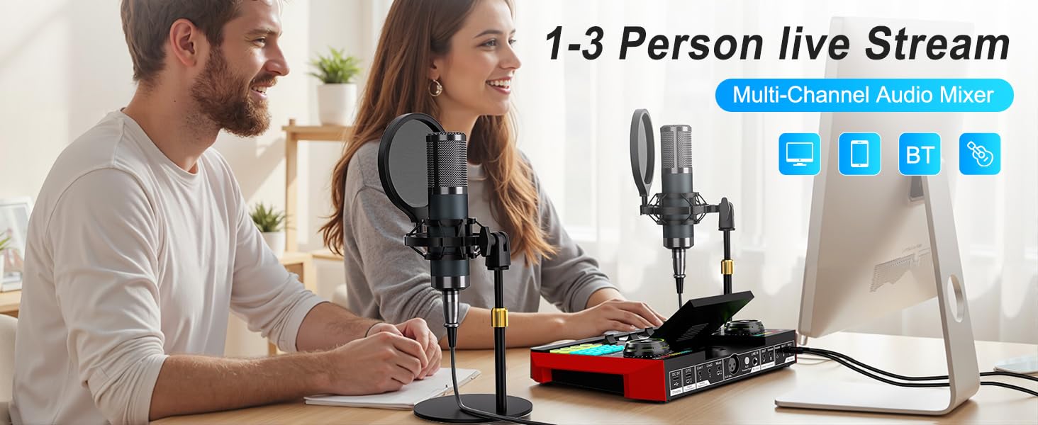 Text reads '1-3 Person live Stream'. Desktop setup showing streaming equipment including microphone and computer monitors in home office environment.