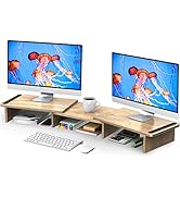 Zimilar Dual Monitor Stand Riser, Monitor Stand with Adjustable Length and Angle, Wood Monitor St...