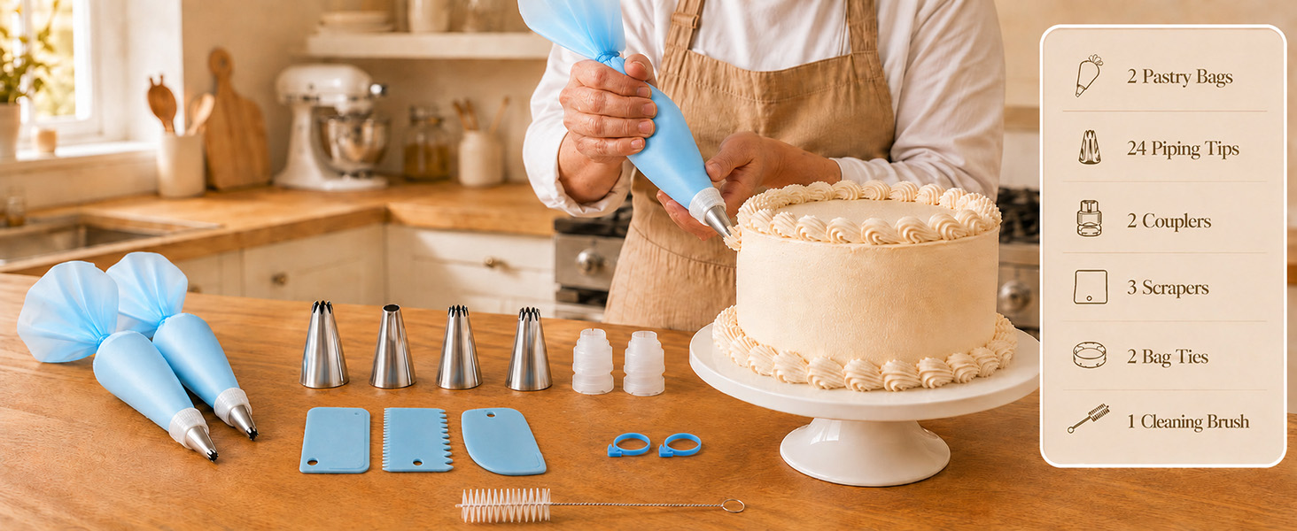 Byfryna 34-in-1 cake decorating kit with piping bags, tips, couplers and scrapers