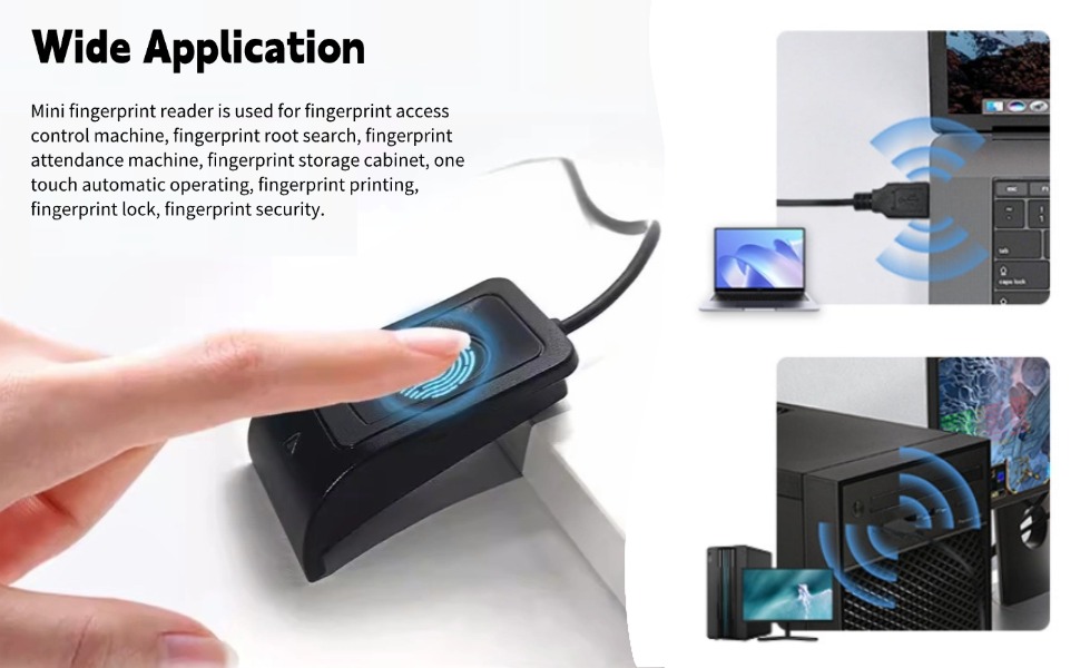 Text reads 'Wide Application'. Product demonstration images showing device being used with various electronic devices and systems.