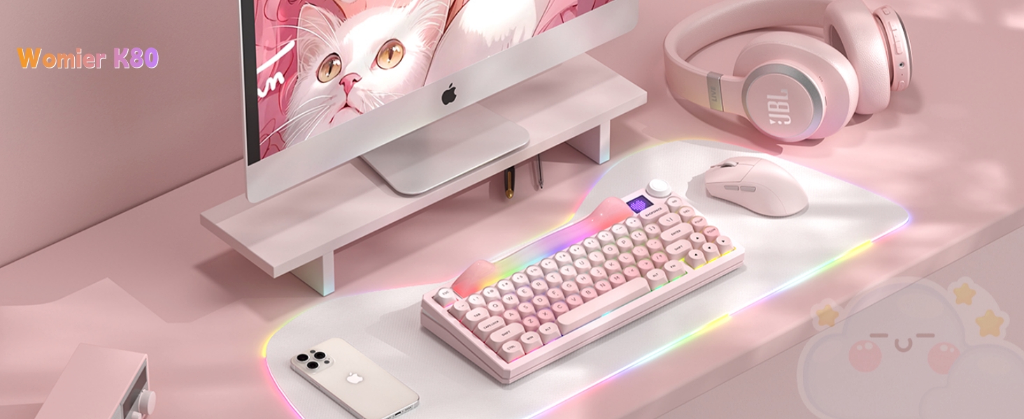 75% Wireless Mechanical Keyboard with Screen and Knob, Pink Cat Creamy Bluetooth Gaming Keyboard
