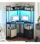 DurayLoly Corner Desk,35.4" W x 63" H Small Computer Desk and Office Desk with Hutch &amp; LED Lights...
