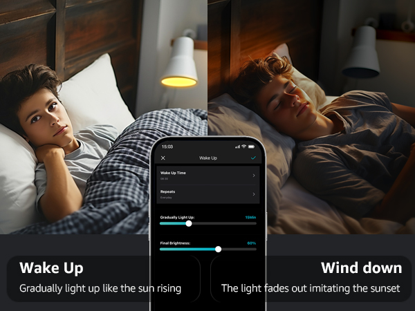 Smart light app interface showing 'Wake Up' and 'Wind down' modes. Split image of person in bed, demonstrating gradual lighting changes for sleep cycles.