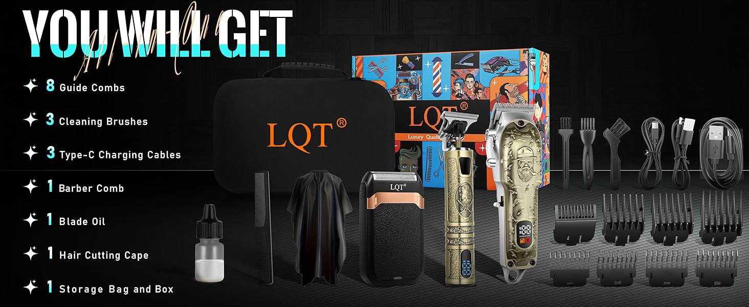Text reads 'YOU WILL GET 1 QT'. Product package contents display showing multiple grooming accessories and attachments in silhouette layout.