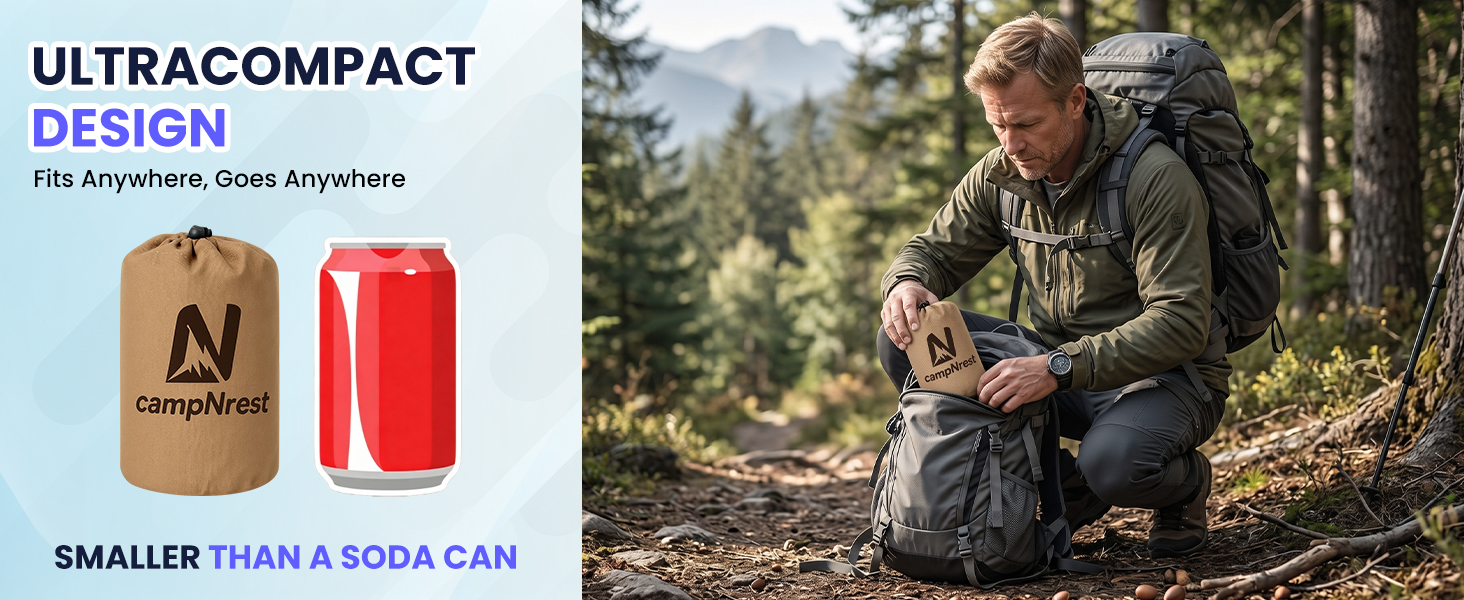 Compact camping pillow pouch, smaller than a soda can, packed into a hiking backpack
