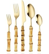 20 Piece Nature Real Bamboo Handle Flatware Set for 4, 18/8 Stainless Steel Food Safety Grade Fla...