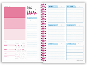 Our weekly planner spiral bound notebook has 52 x 2-page spreads for an entire year of planning.