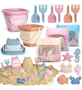 Dreamon Beach Toys Set for Kids 3-10, Collapsible Sand Buckets with Beach Molds and Mesh Bag, 3 P...