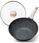 CAROTE Non Stick Wok with Lid 12''/5.3QT Woks &amp; Stir-fry Pans Nonstick Granite Wok Pan Induction ...