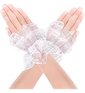 White Lace Wrist Cuffs for Women Girls, Lolita Style Ruffle Bracelet Sleeves, Elastic Lace Hand A...