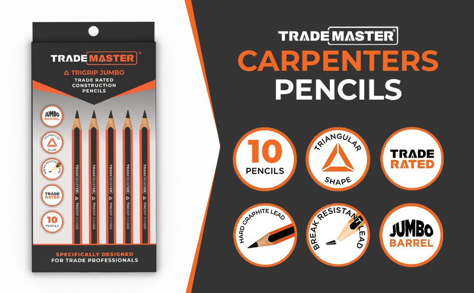 Trademaster Carpenters Pencils pack of 10. Features include triangular shape, graphite lead, break-resistant, and jumbo barrel. Package shows pencils and product details on black and orange background.