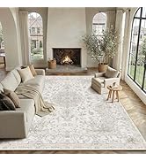 HUGEAR Area Rug 8x10 Vintage Beige Machine Washable Living Room Rugs Thin Neutral Floral Vacuumab...