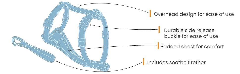 Overhead design for ease of use, durable side release buckles, padded chest, seatbelt tether