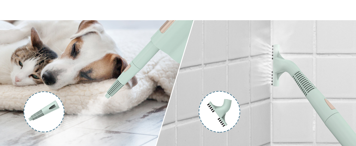 Pet grooming tool with mint green handle shown in two contexts: beside resting pet and mounted on bathroom tile wall.