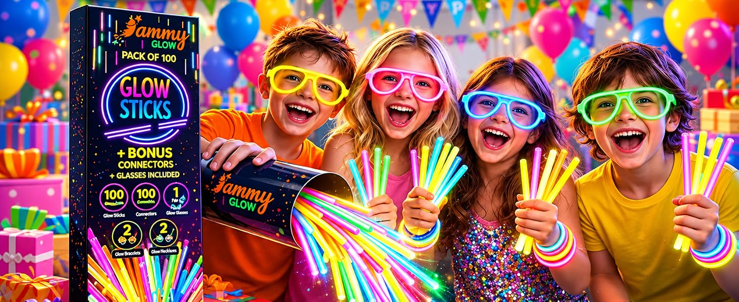 Text reads 'PERFECT FOR PARTY FAVORS!' in bold yellow letters. Colorful party scene featuring three people wearing neon light-up eyeglasses and glow sticks against vibrant blue, pink, and yellow backdrop with party product packaging.