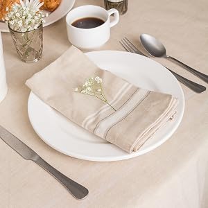 A place setting with a DII French Stripe napkin in white