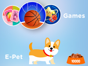 Text reads 'Image 3' and 'Games'. Mobile app interface showing cartoon-style illustrations including an orange dog character and gaming icons against a blue background.