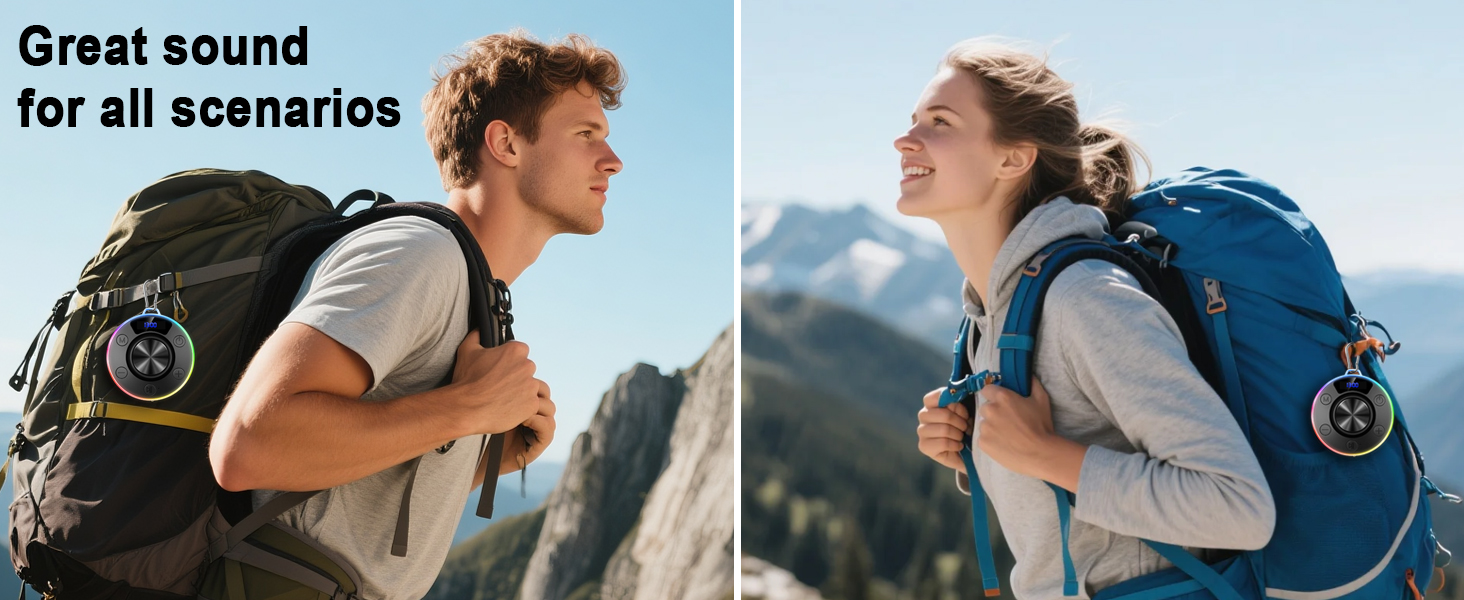 Text reads 'Great sound for all scenarios'. Multiple outdoor lifestyle shots showing active use of audio device during various activities.