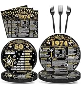 96Pcs 50th Birthday Plates and Napkins Back in 1974 Party Decorations Black Gold 50 Year Old Part...