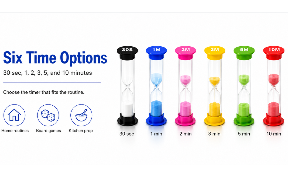 Six sand timers showing 30 sec to 10 min options