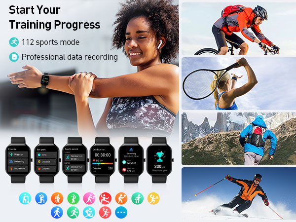 Smartwatch display showcasing various sports modes and activity tracking features, with images of athletes demonstrating its versatility.