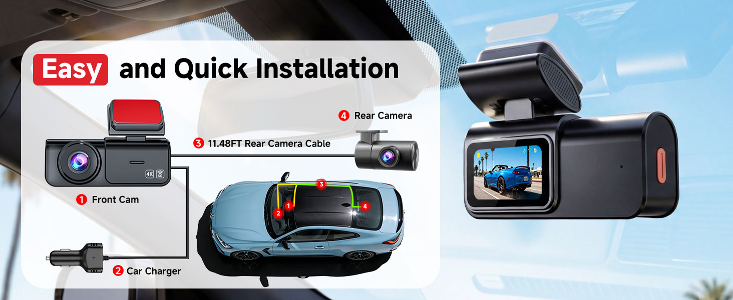 Dual Dash Cam Front and Rear: 4K+2.5K Dash Camera for Cars Built-in 5G WiFi APP Control Car Dashcam