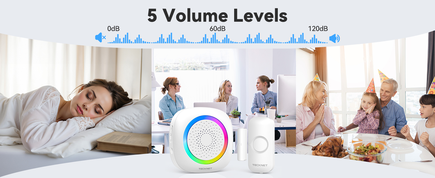 White smart device with circular RGB interface display shown in multiple home settings, featuring volume level indicators and wireless connectivity.