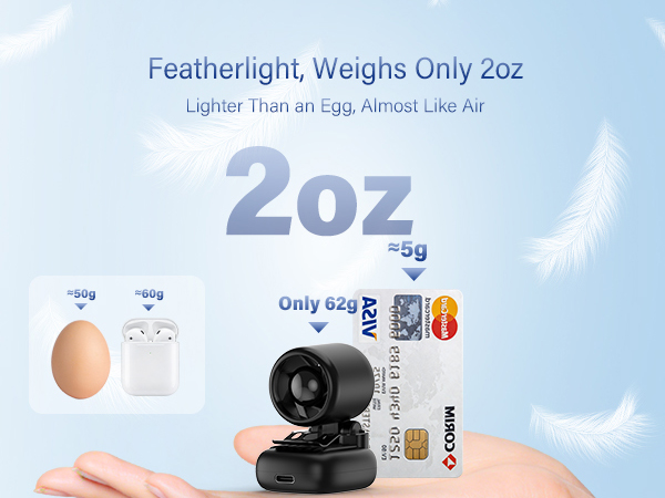 Featherlight personal fan weighs only 2oz lighter than an egg and smaller than a credit card size